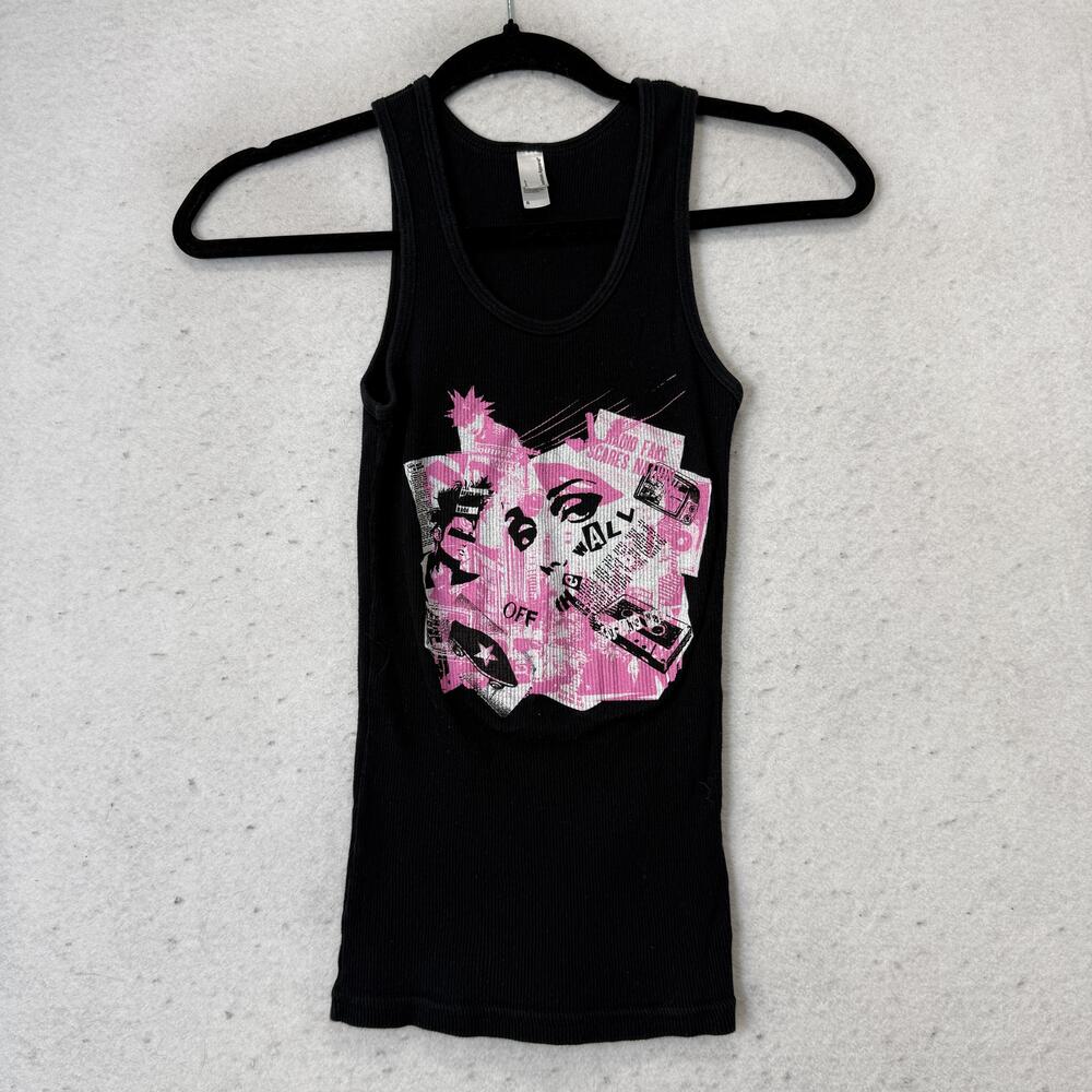 American Apparel Tank Top Womens Small Black Graphic Scoop Neck Made In USA